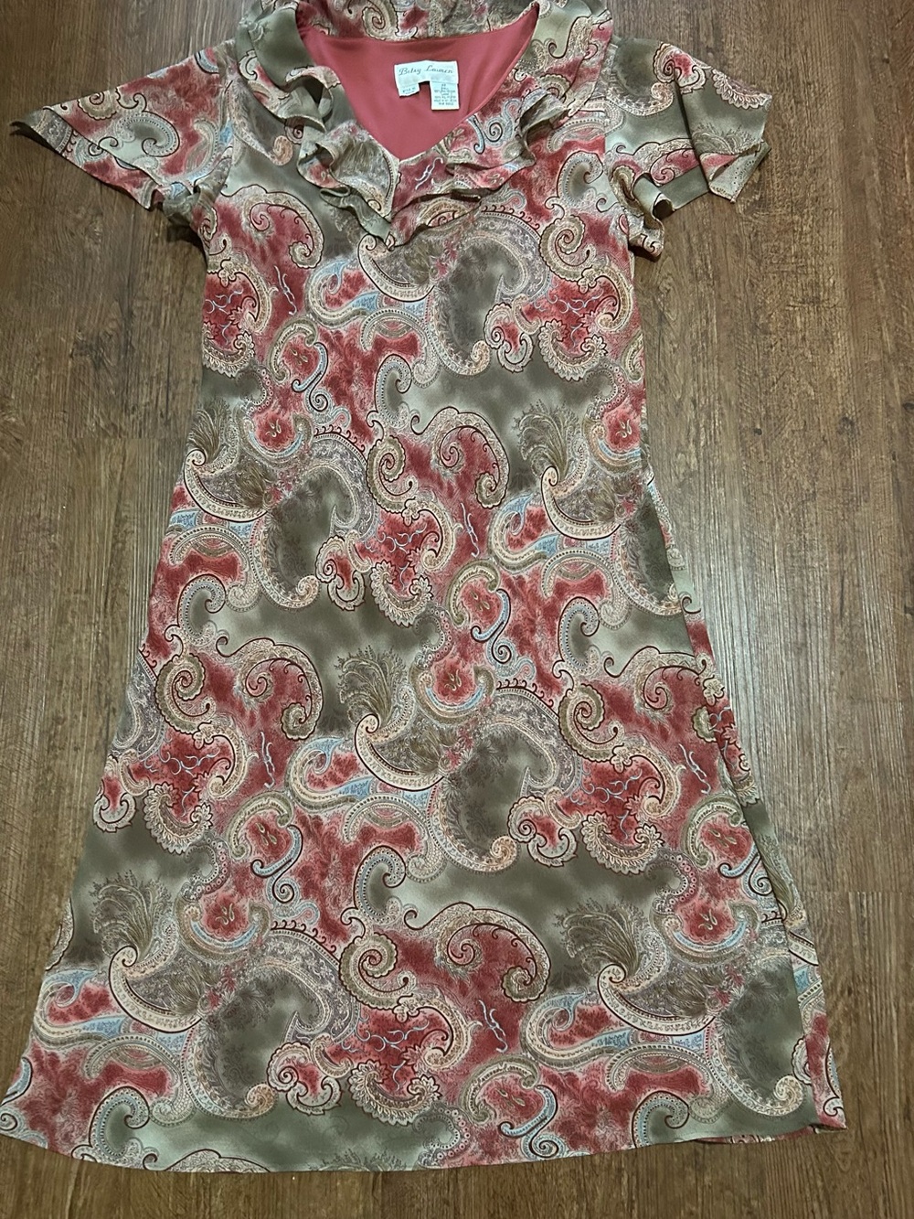 Paisley Ruffle V-Neck Midi Dress in Coral and Olive